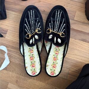 Gucci Black Embellished Mules with Gold Accents